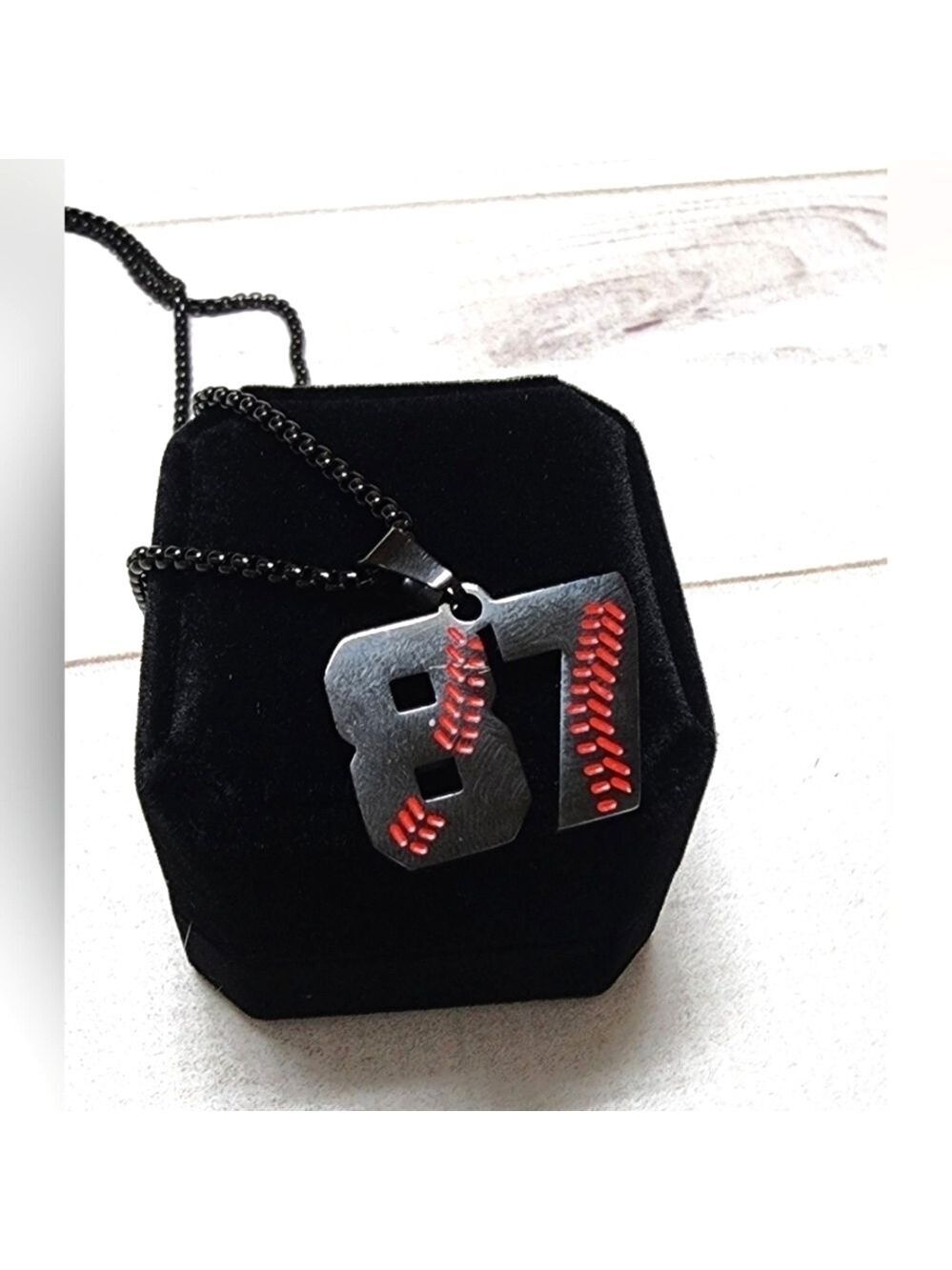 Baseball Number 87 Black With Red Necklace - New Without Tags